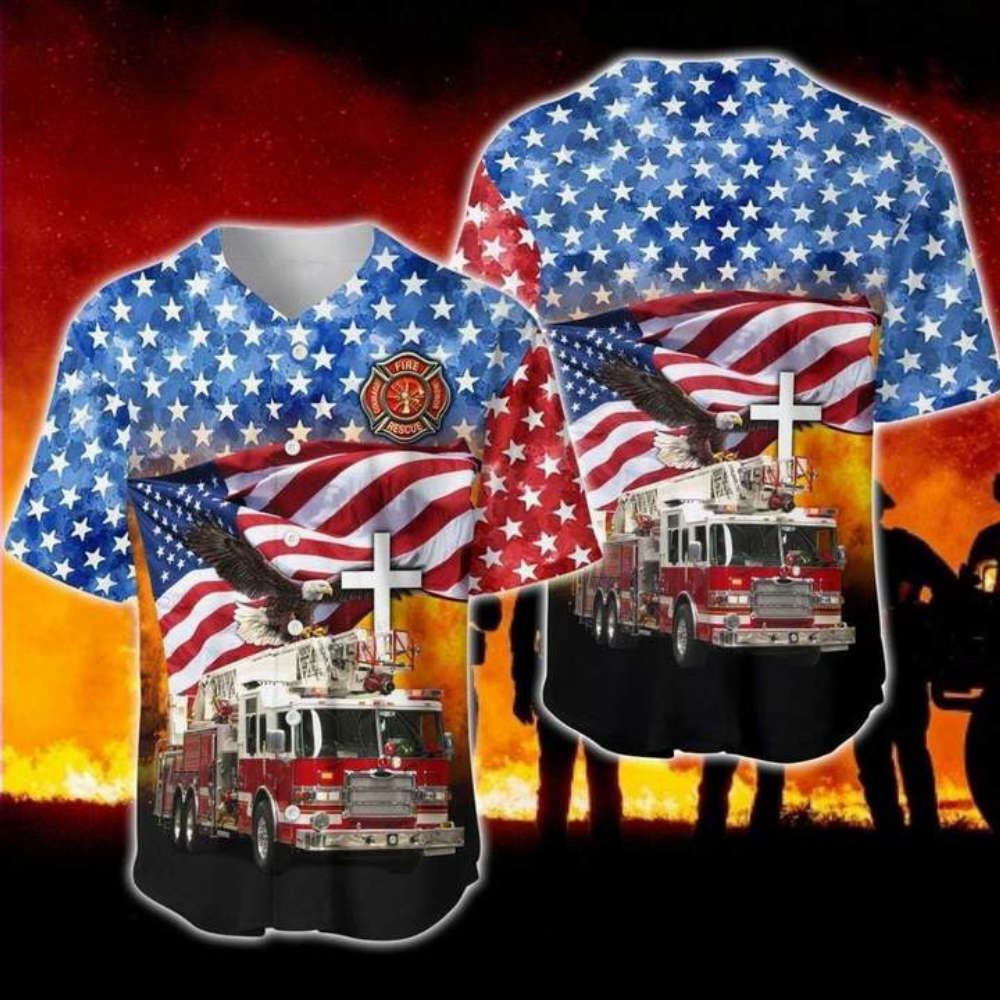 Firefighter Truck Flag Eagle Baseball Jersey baseball jersey product view 2