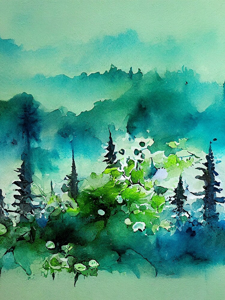 Greeny blue moody forest in fog loose watercolor - Adult & Kids T-Shirts, Sweatshirts & Hoodies apparel design preview 2
