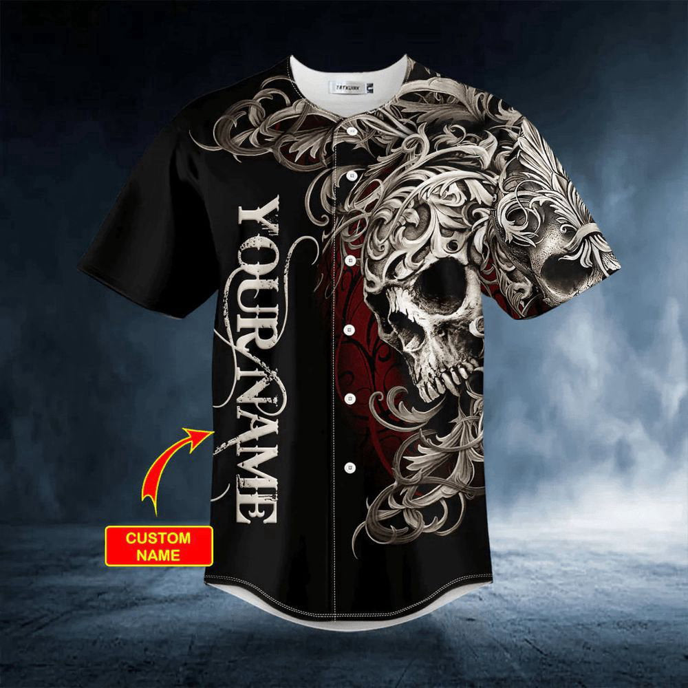 Fleur-de-lis Pattern King Skull Custom Baseball Jersey For Men Women, Men's Baseball Jersey For Men Women, Skull Lover - lylyprint.com baseball jersey product view 2