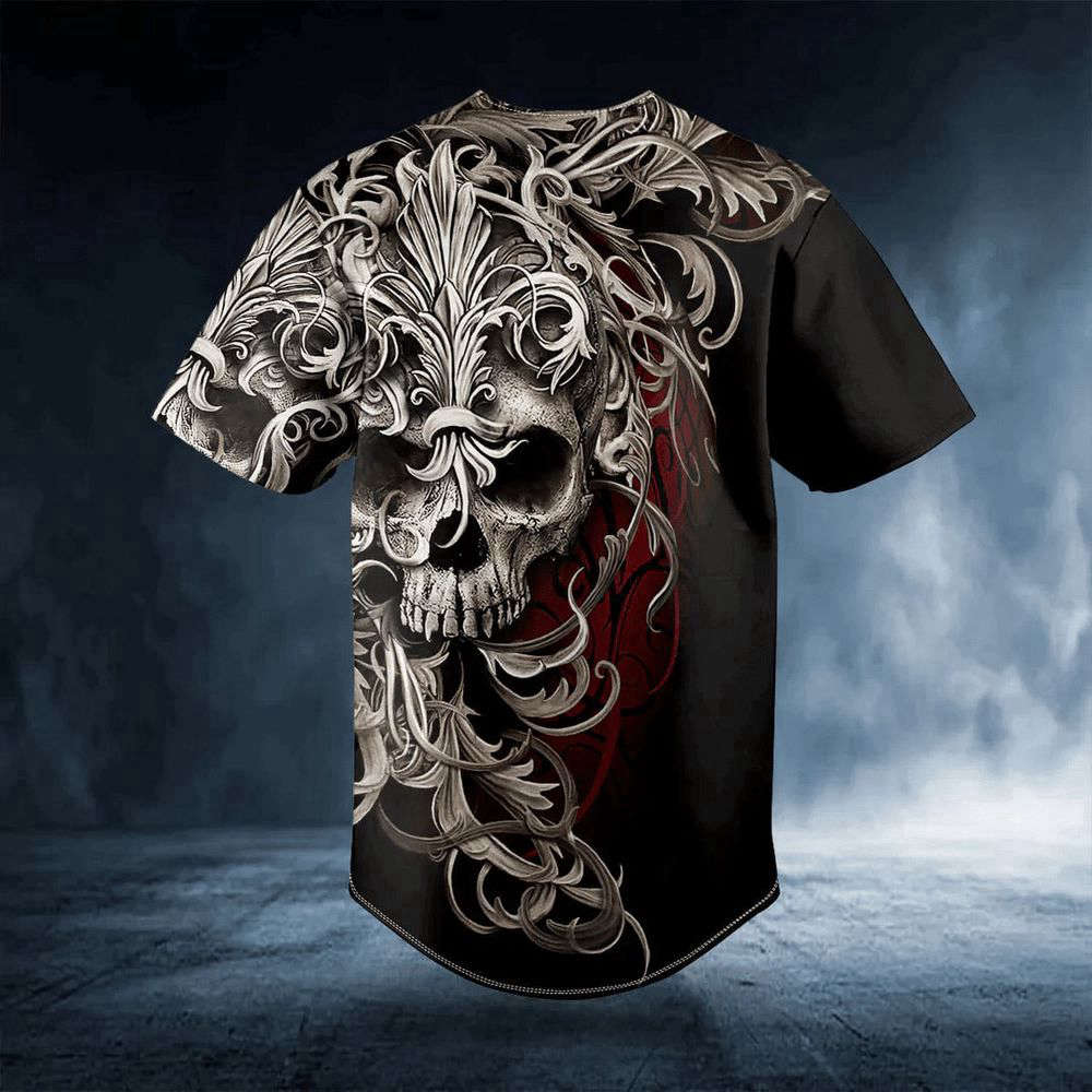 Fleur-de-lis Pattern King Skull Custom Baseball Jersey For Men Women, Men's Baseball Jersey For Men Women, Skull Lover - lylyprint.com baseball jersey product view 3