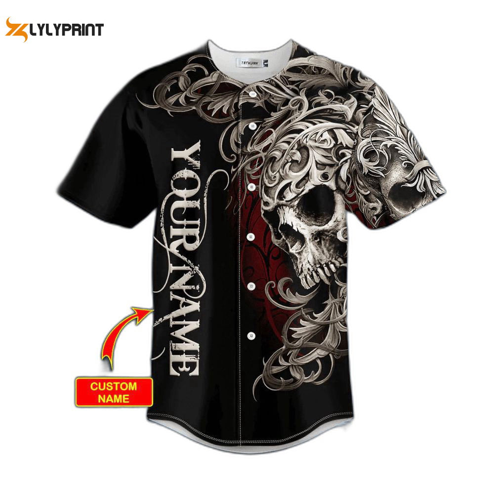 Fleur-de-lis Pattern King Skull Custom Baseball Jersey For Men Women, Men's Baseball Jersey For Men Women, Skull Lover - lylyprint.com baseball jersey product view 1