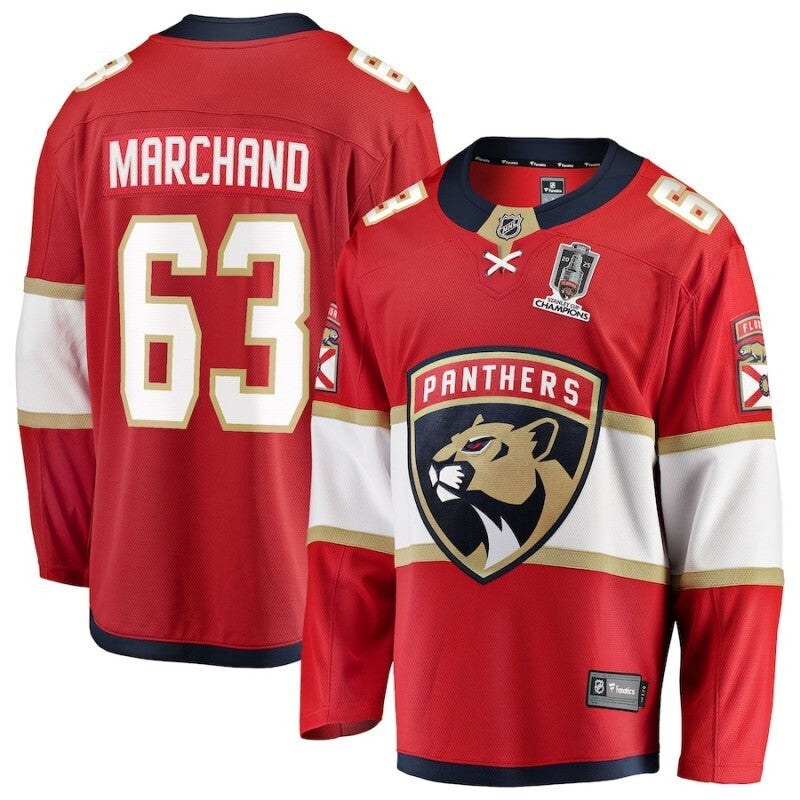 florida panthers #63 brad marchand 2025 stanley cup champions breakaway jersey - red Hockey Jersey hockey jersey product view 1