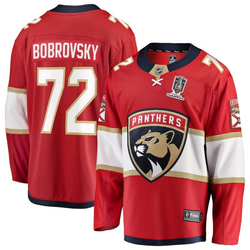 florida panthers #72 sergei bobrovsky 2025 stanley cup champions breakaway jersey - red Hockey Jersey hockey jersey product view 1