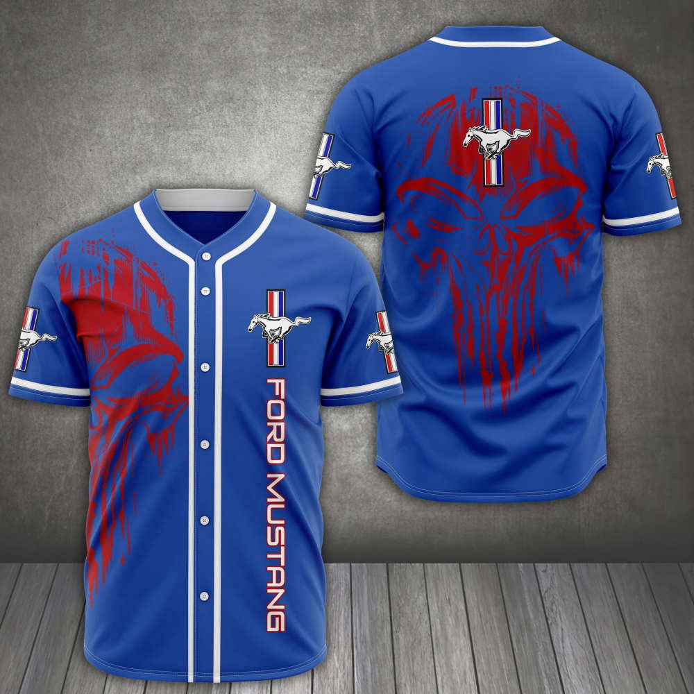 Ford Mustang Red Skull Blue Baseball Jersey: Bold & Stylish Mustang-themed Apparel - Aopprinter baseball jersey product view 2