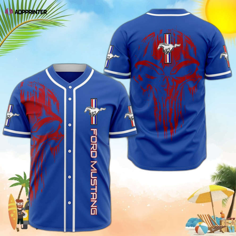 Ford Mustang Red Skull Blue Baseball Jersey: Bold & Stylish Mustang-themed Apparel - Aopprinter baseball jersey product view 1