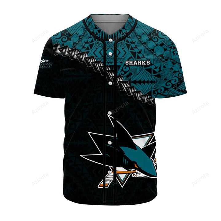 San Jose Sharks Grunge Polynesian Tattoo Baseball Jersey Nhl Gift For Fans hockey jersey product view 1