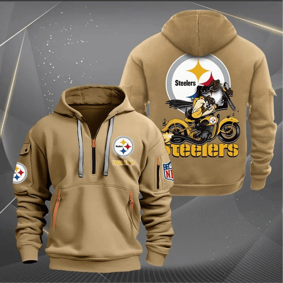 Pittsburgh Steeler Quarter Zip Hoodie Biker Taz Custom Name Gift For Fan Unisex T-shirt, Sweatshirt, Hoodie, Long Sleeve Tee - T-Shirt, Sweatshirt, Hoodie