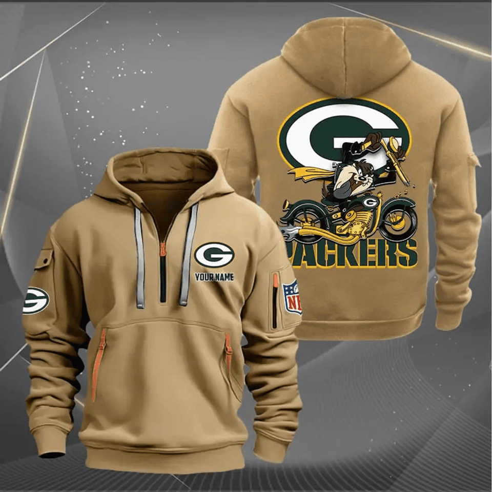 Green Bay Packers Quarter Zip Hoodie Biker Taz Custom Name Gift For Fan Unisex T-shirt, Sweatshirt, Hoodie, Long Sleeve Tee - T-Shirt, Sweatshirt, Hoodie