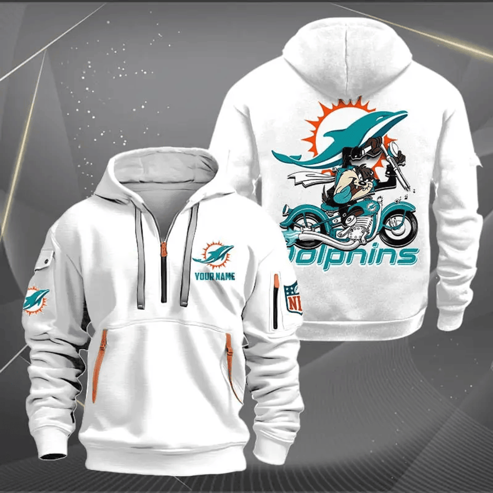 Miami Dolphins Quarter Zip Hoodie Biker Taz Custom Name Gift For Fan Unisex T-shirt, Sweatshirt, Hoodie, Long Sleeve Tee - T-Shirt, Sweatshirt, Hoodie