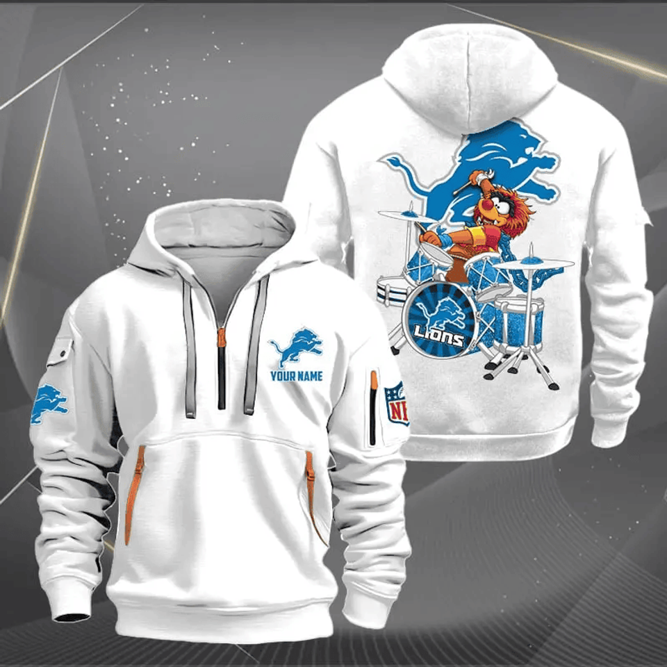 Detroit Lions Quarter Zip Hoodie Rocking Drummer Custom Name Gift For Fan Unisex T-shirt, Sweatshirt, Hoodie, Long Sleeve Tee - T-Shirt, Sweatshirt, Hoodie