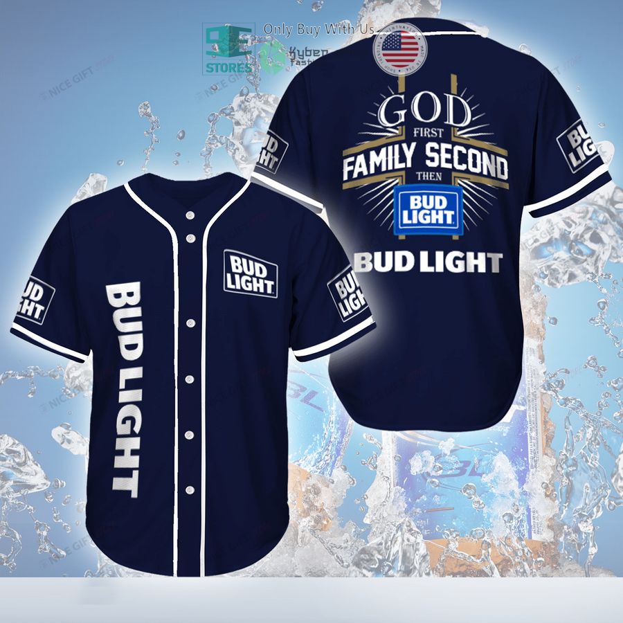 BEST God First Family Second Then Bud Light blue Baseball Jersey baseball jersey product view 1