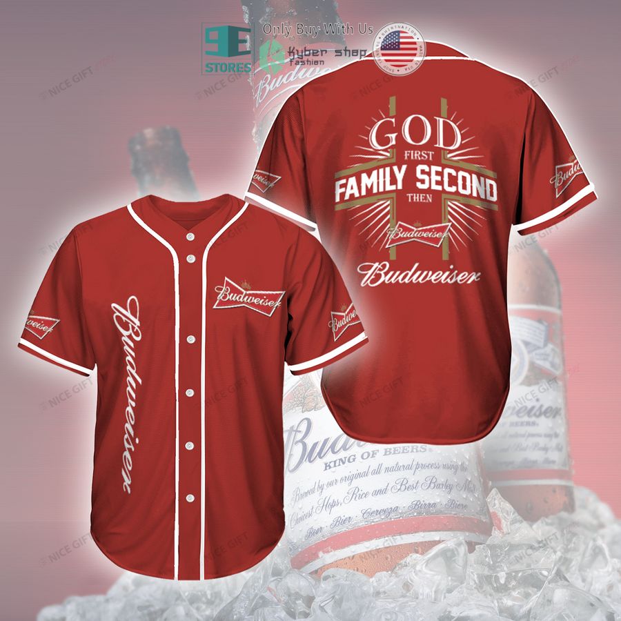BEST God First Family Second Then Budweiser red Baseball Jersey baseball jersey product view 1