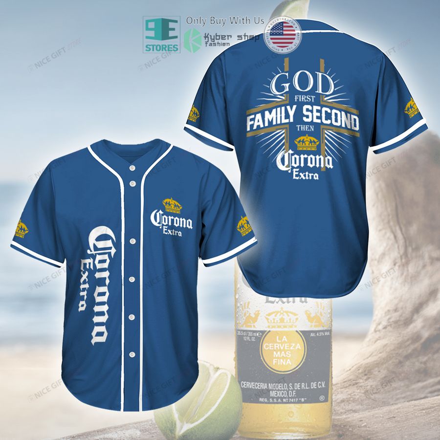 BEST God First Family Second Then Corona Extra blue Baseball Jersey baseball jersey product view 1