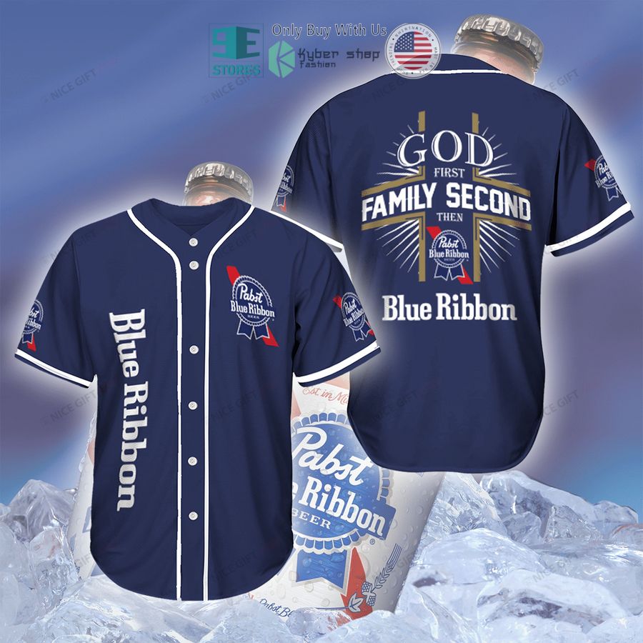 BEST God First Family Second Then Pabst Blue Ribbon blue Baseball Jersey baseball jersey product view 1