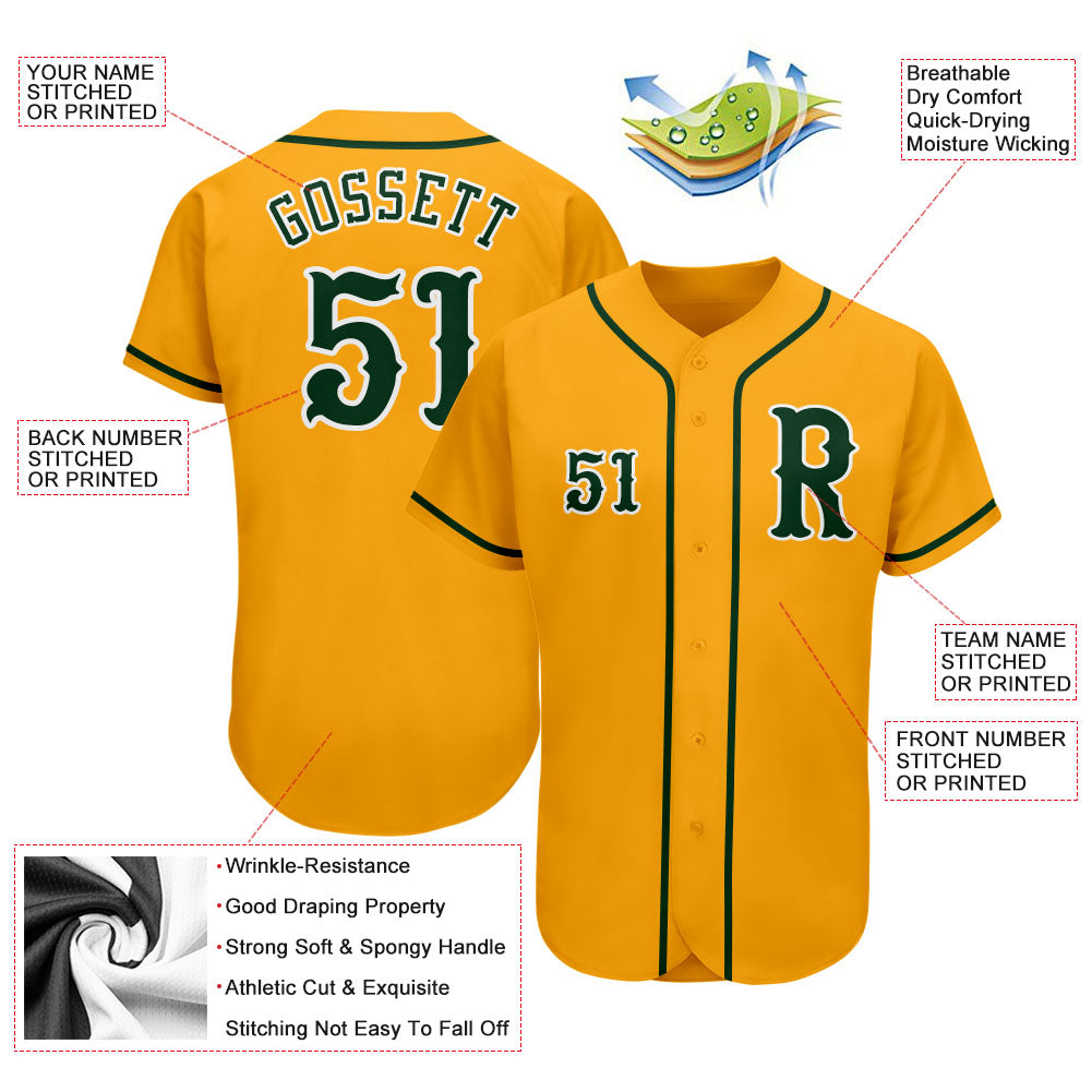 Custom Gold Green-White Authentic Baseball Jersey baseball jersey product view 3