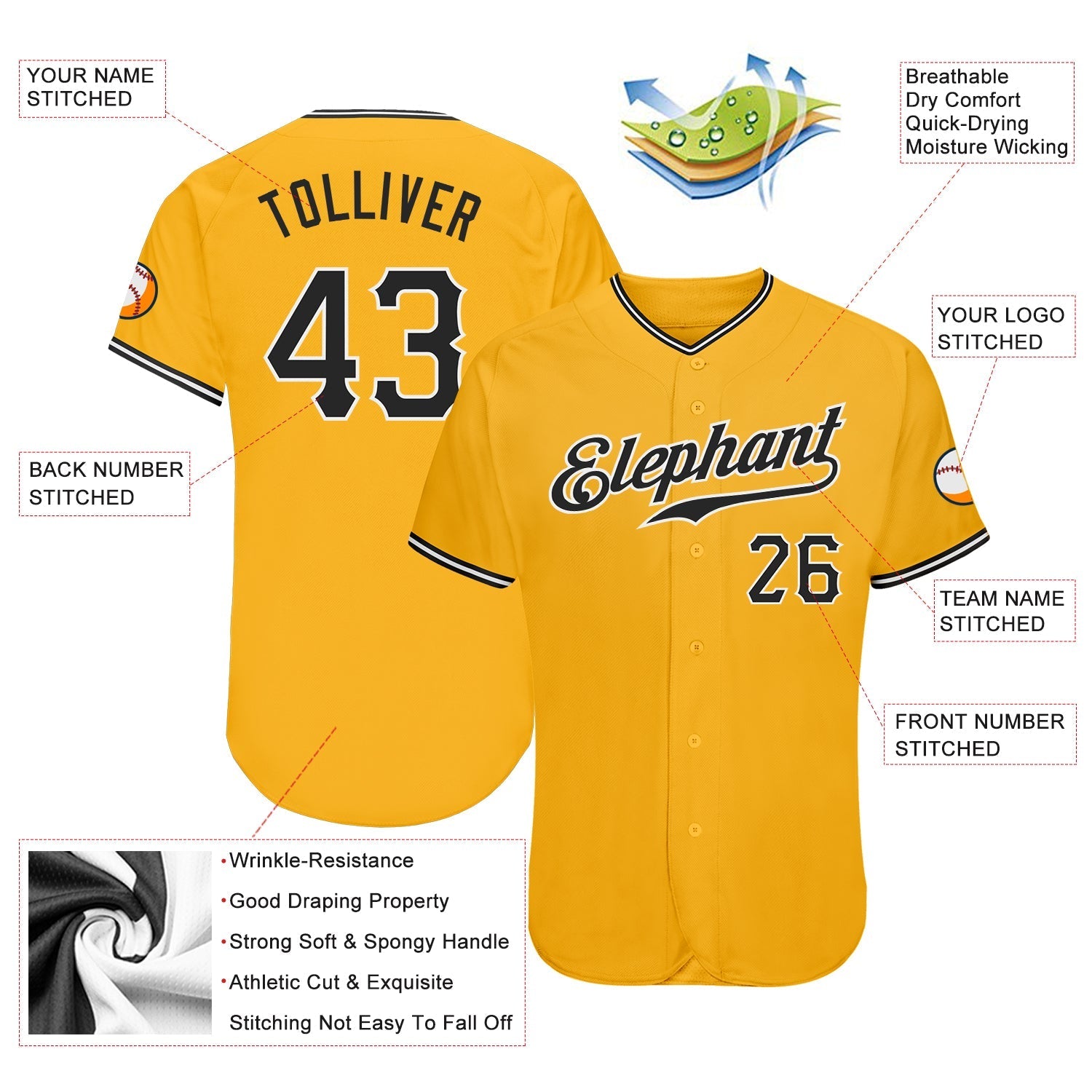 Custom Gold Black-White Authentic Baseball Jersey baseball jersey product view 3