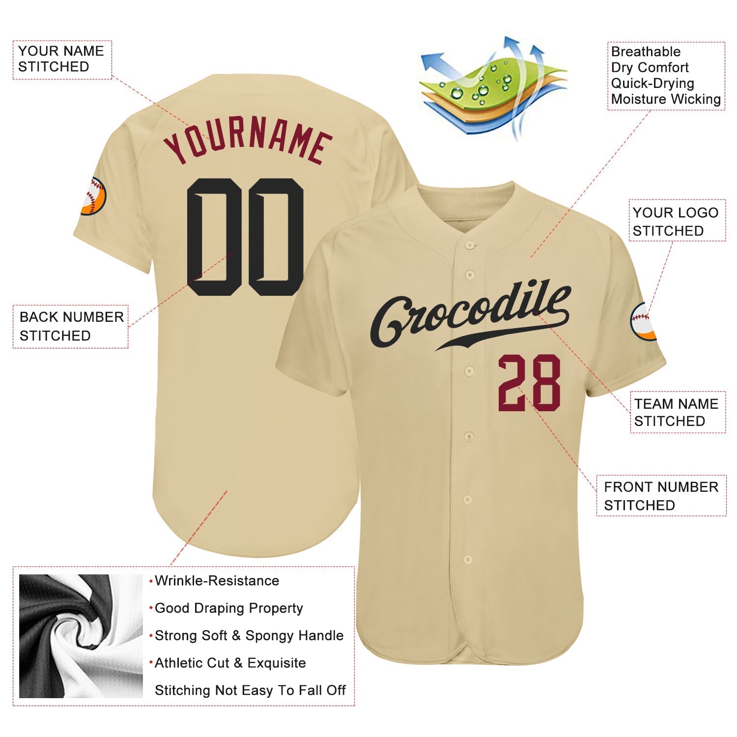 Custom Sand Black-Crimson Authentic Baseball Jersey baseball jersey product view 3