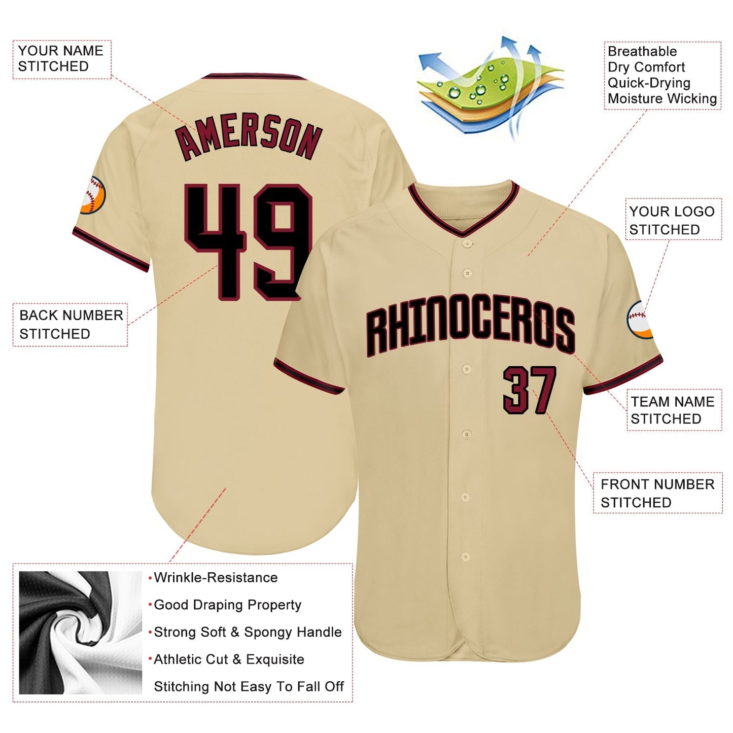 Custom Sand Crimson-Black Authentic Baseball Jersey baseball jersey product view 3