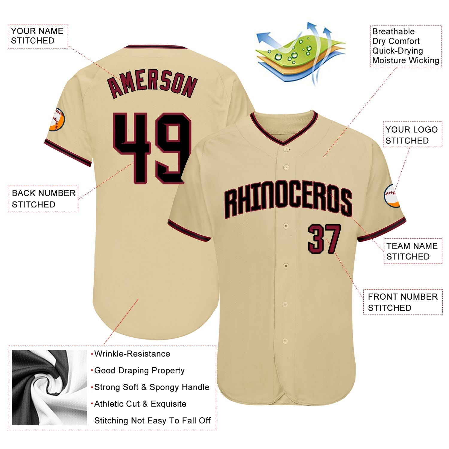 Custom Sand Crimson-Black Authentic Baseball Jersey baseball jersey product view 3