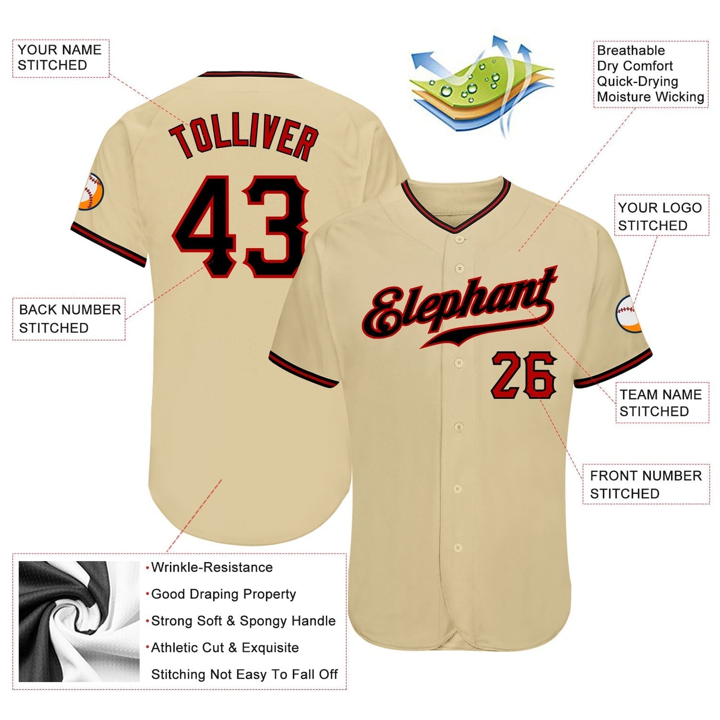 Custom Sand Black-Red Authentic Baseball Jersey baseball jersey product view 3