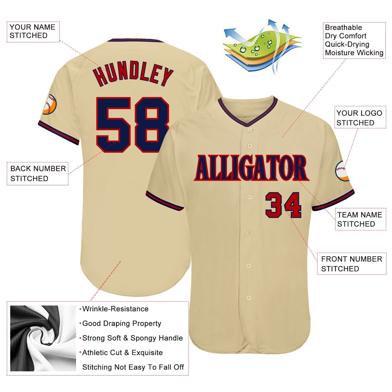 Custom Sand Navy-Red Authentic Baseball Jersey baseball jersey product view 3