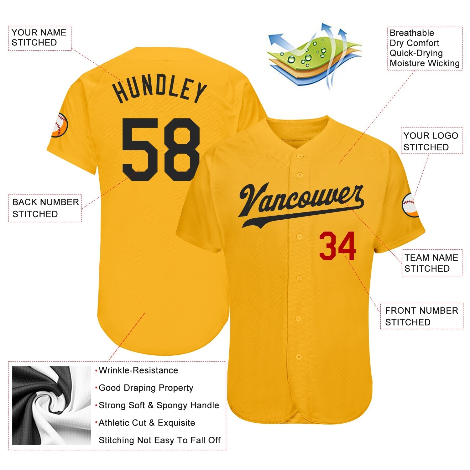 Custom Gold Black-Red Authentic Baseball Jersey baseball jersey product view 3