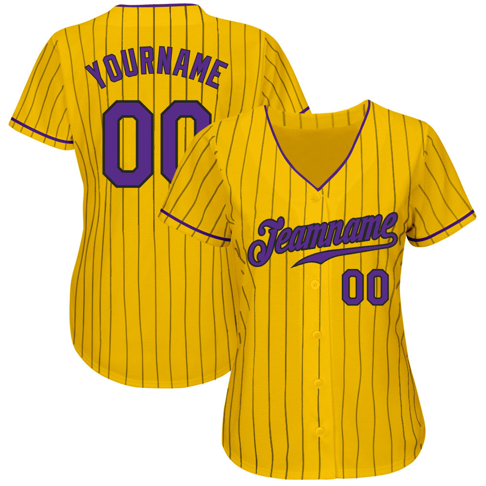 Custom Yellow Black Pinstripe Purple-Black Authentic Baseball Jersey baseball jersey product view 2