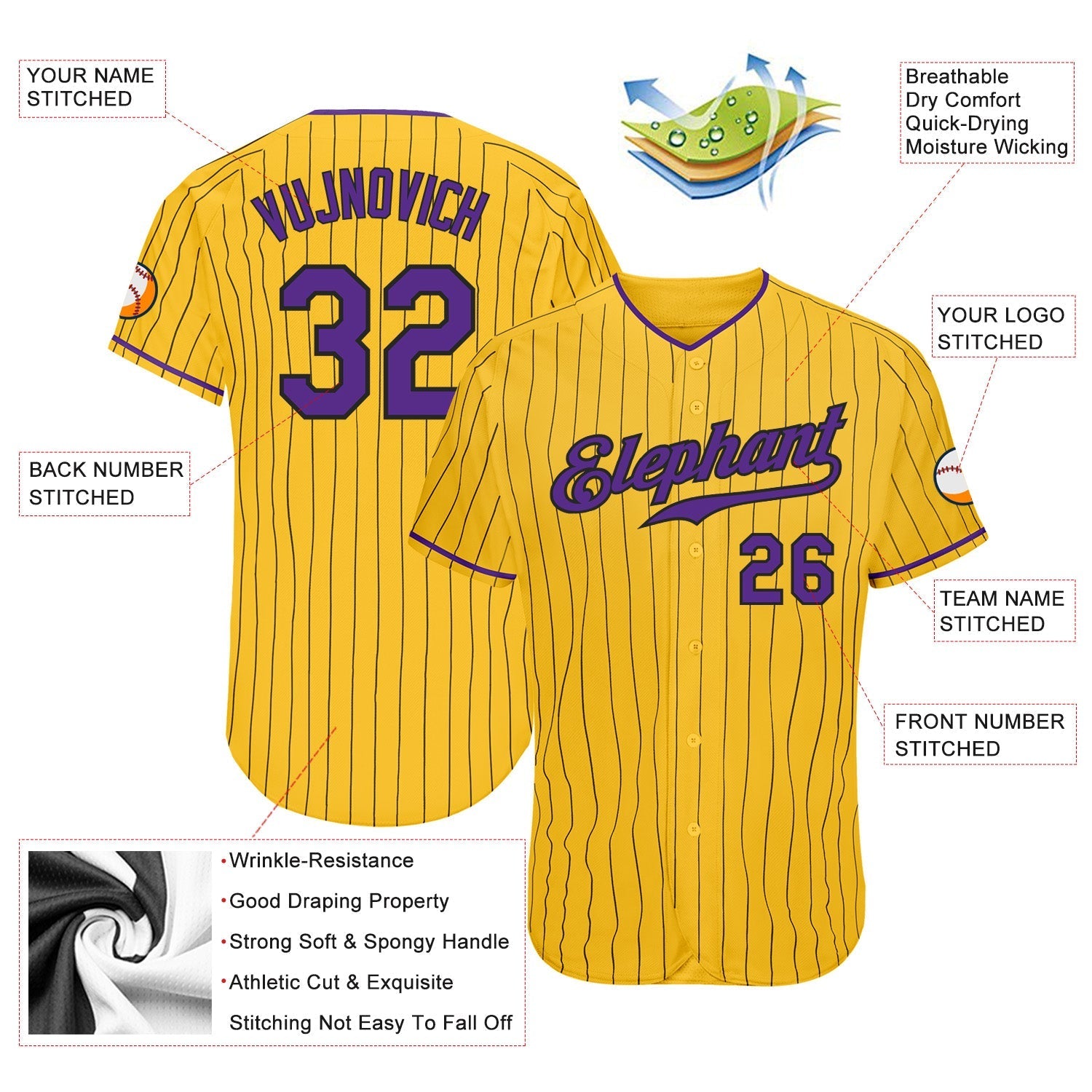 Custom Yellow Black Pinstripe Purple-Black Authentic Baseball Jersey baseball jersey product view 3