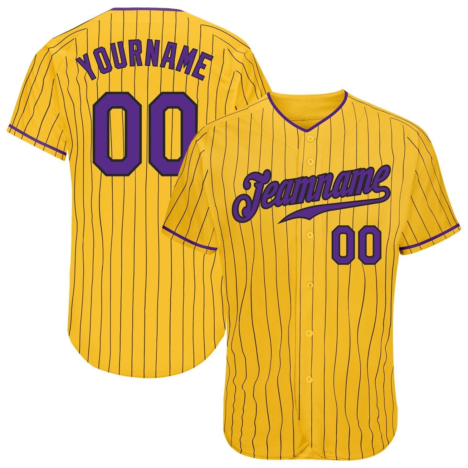 Custom Yellow Black Pinstripe Purple-Black Authentic Baseball Jersey baseball jersey product view 1