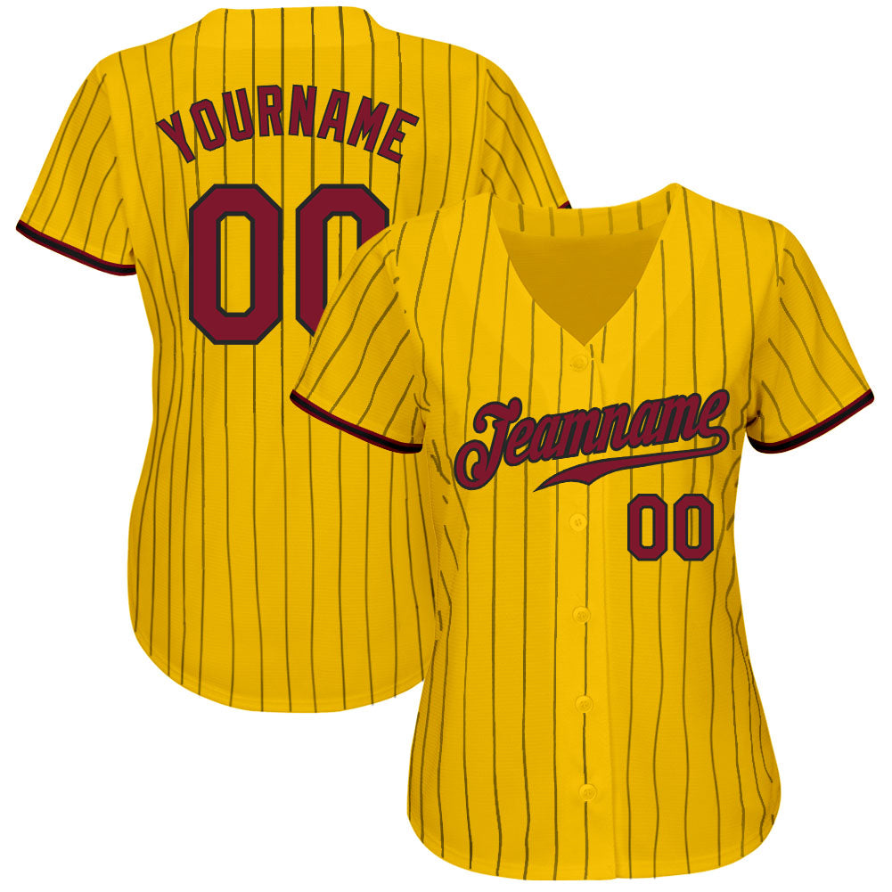 Custom Yellow Black Pinstripe Crimson-Black Authentic Baseball Jersey baseball jersey product view 2