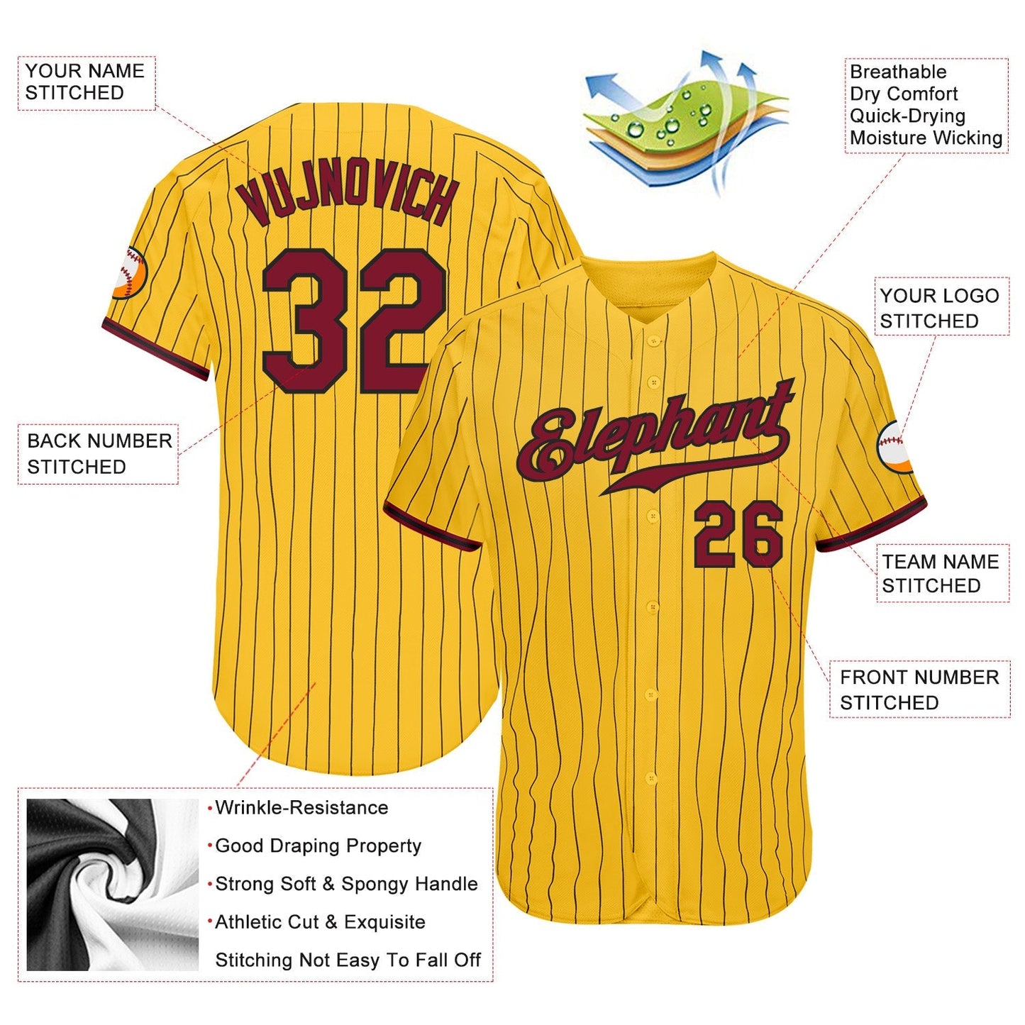 Custom Yellow Black Pinstripe Crimson-Black Authentic Baseball Jersey baseball jersey product view 3