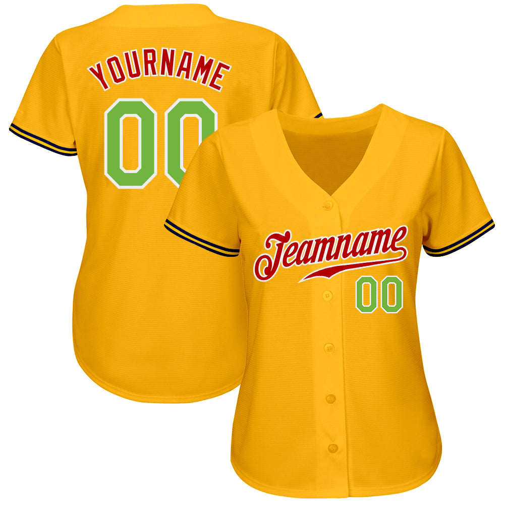 Custom Gold Neon Green-Red Authentic Baseball Jersey baseball jersey product view 2