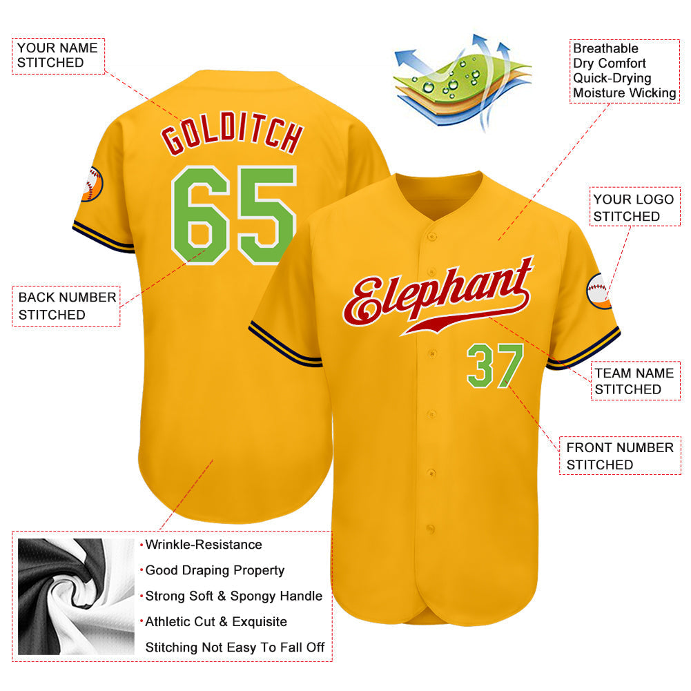 Custom Gold Neon Green-Red Authentic Baseball Jersey baseball jersey product view 3