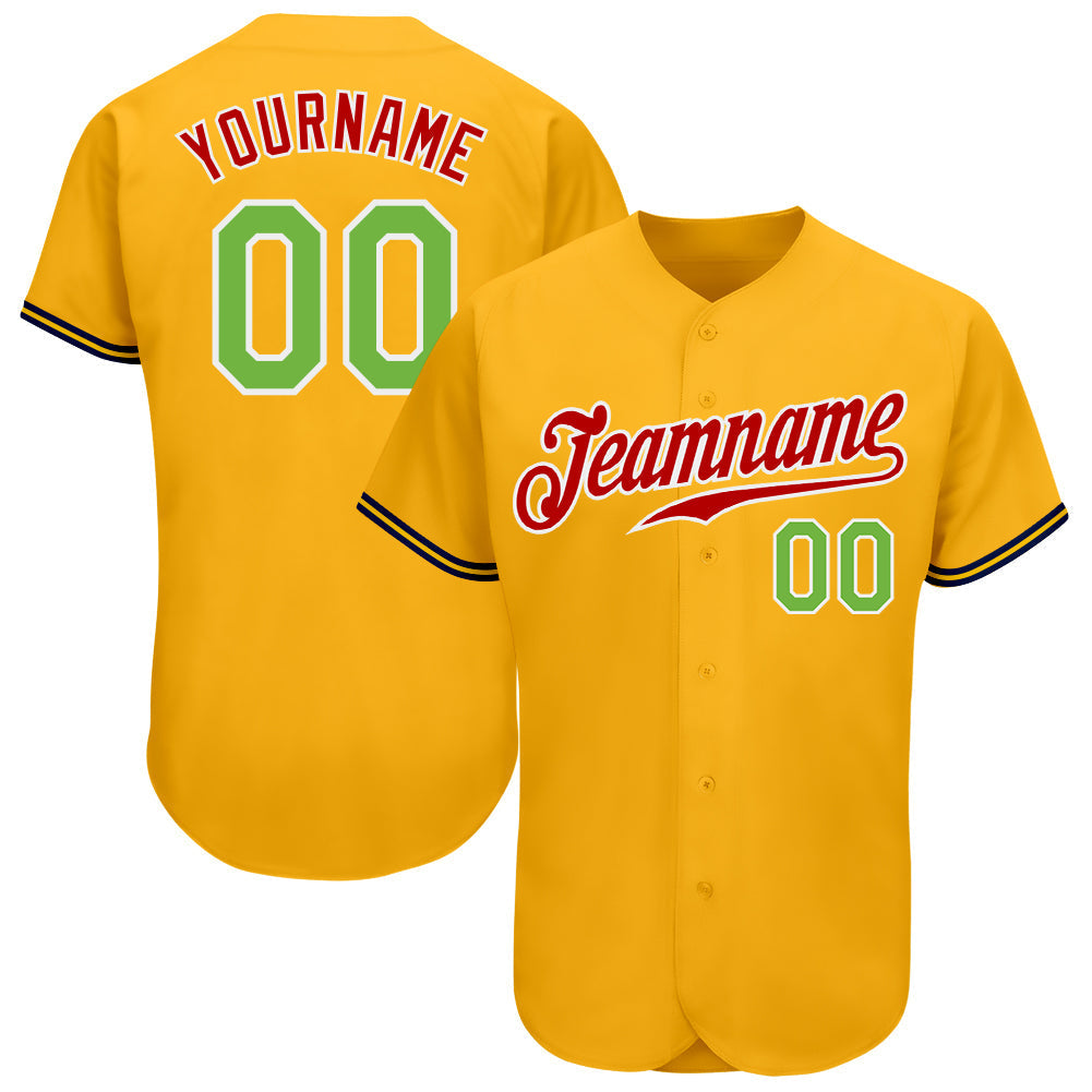 Custom Gold Neon Green-Red Authentic Baseball Jersey baseball jersey product view 1