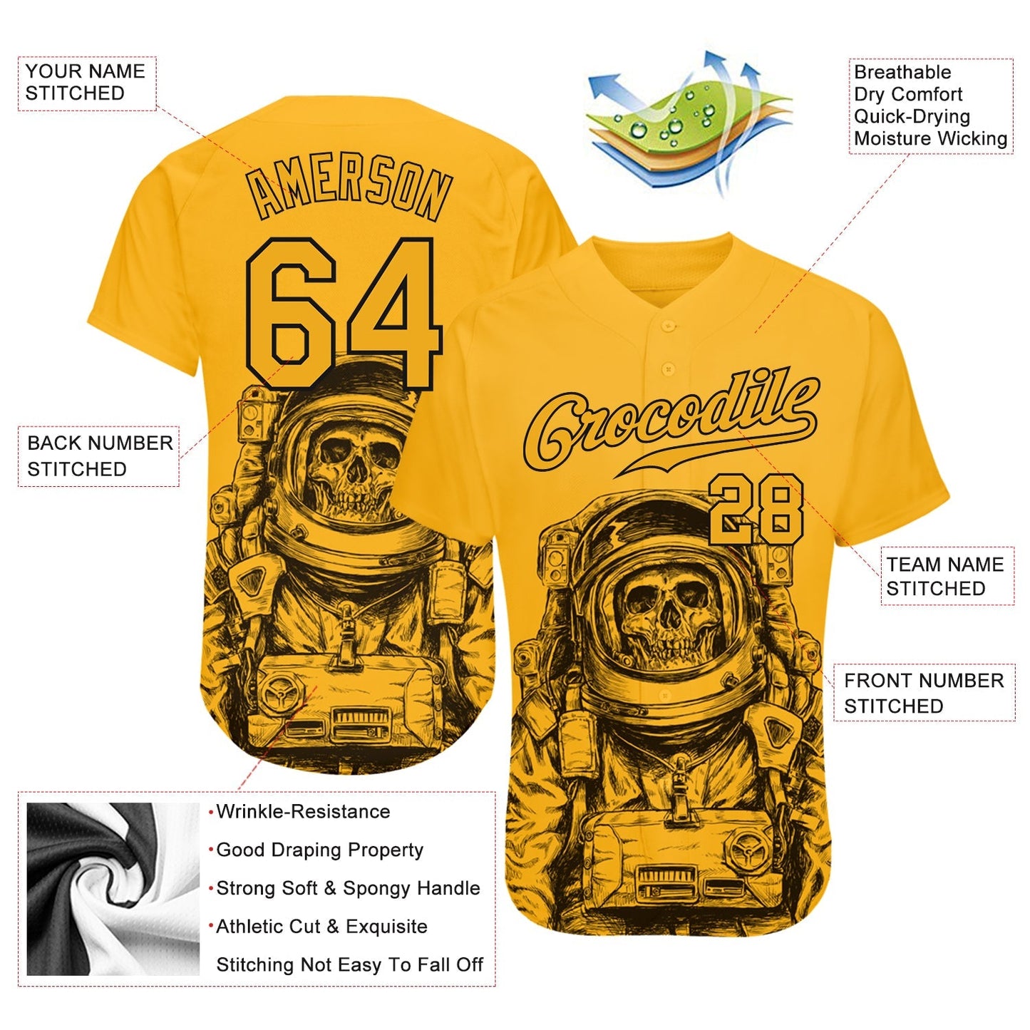 Custom Gold Gold-Black 3D Pattern Design Astronaut Authentic Baseball Jersey baseball jersey product view 3