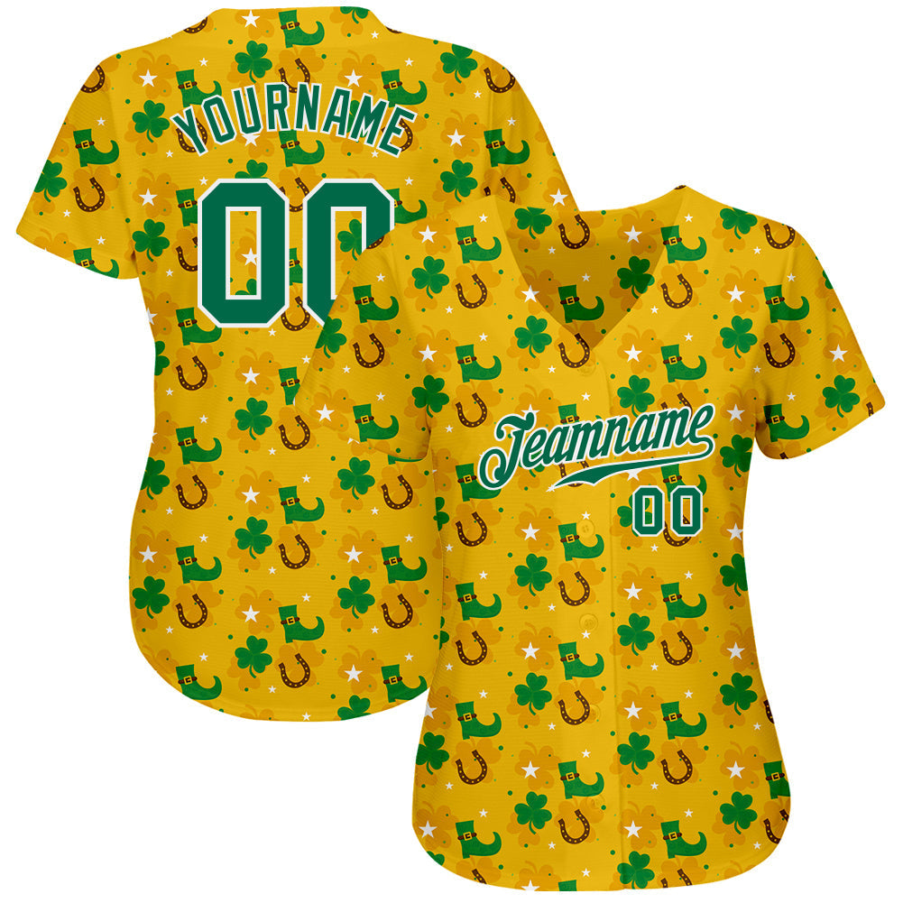 Custom Gold Kelly Green-White 3D Pattern Design Authentic St. Patrick's Day Baseball Jersey baseball jersey product view 2