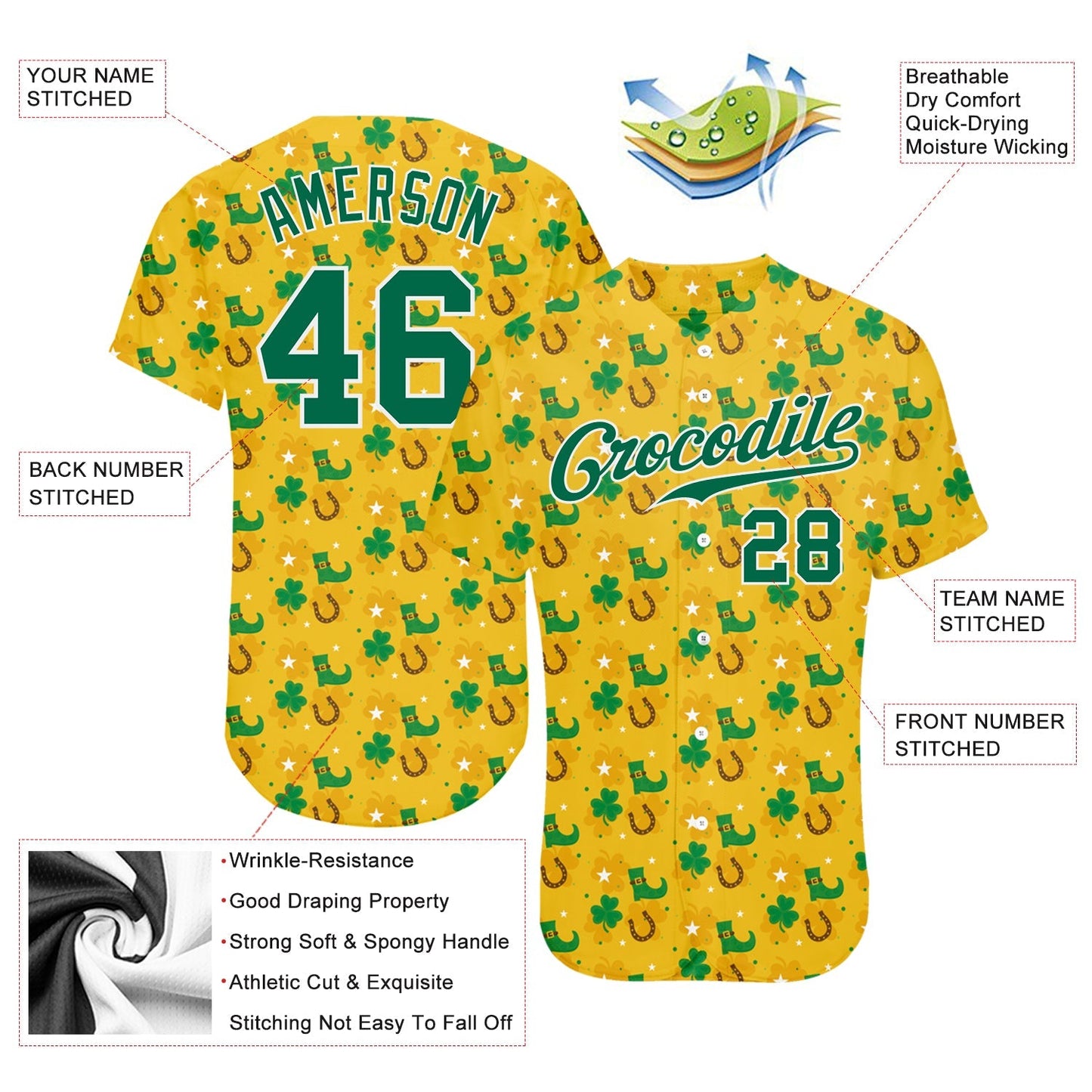 Custom Gold Kelly Green-White 3D Pattern Design Authentic St. Patrick's Day Baseball Jersey baseball jersey product view 3