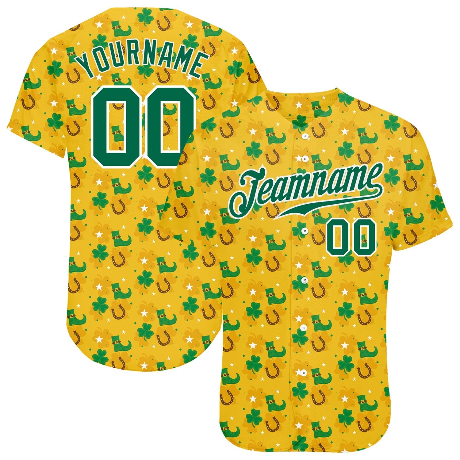 Custom Gold Kelly Green-White 3D Pattern Design Authentic St. Patrick's Day Baseball Jersey baseball jersey product view 1