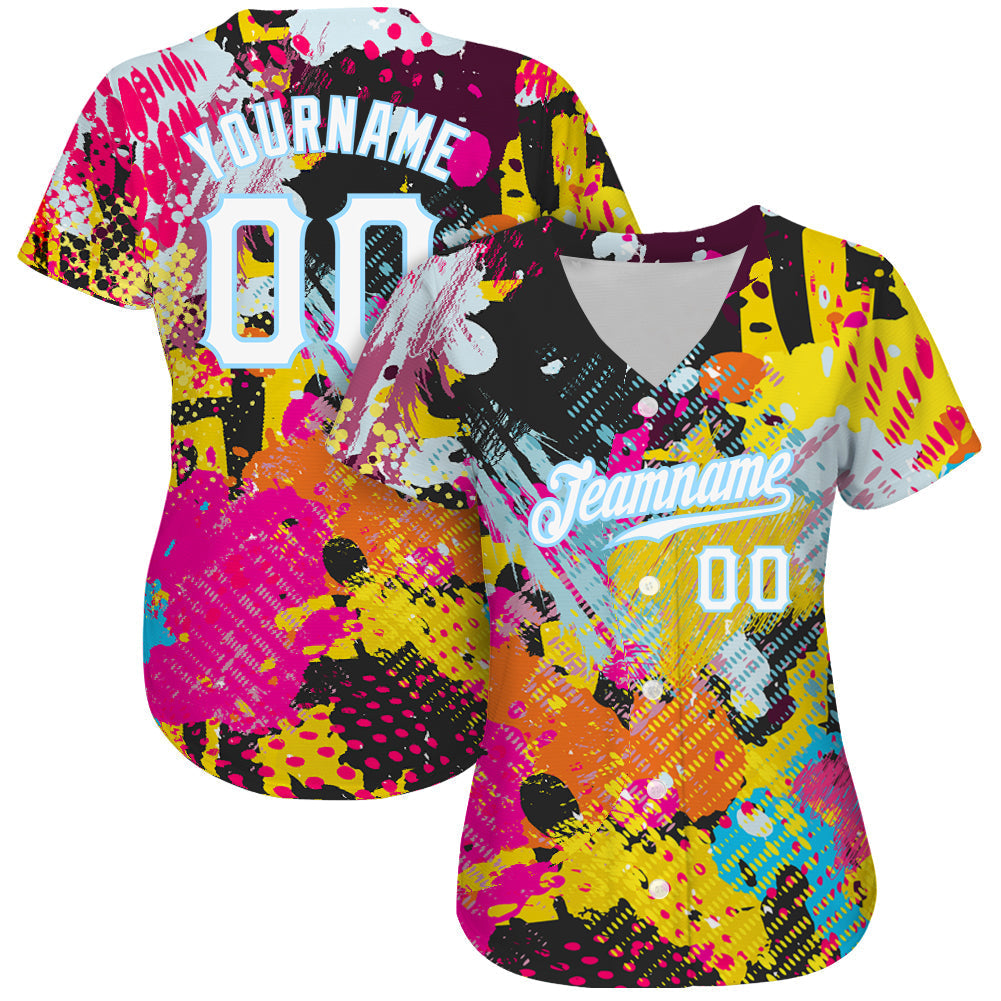 Custom Graffiti Bright Psychedelic Pattern White-Light Blue 3D Authentic Baseball Jersey baseball jersey product view 3