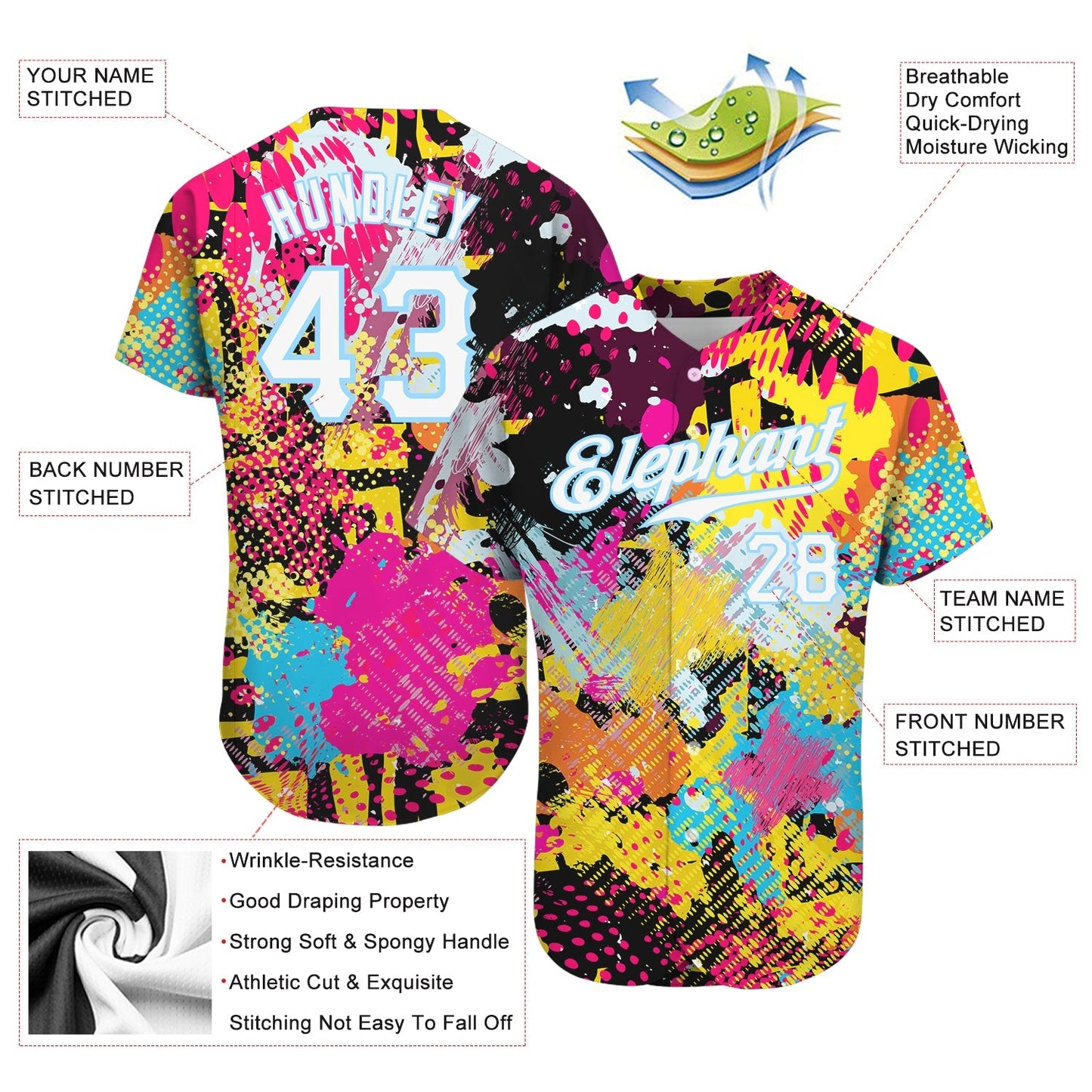 Custom Graffiti Bright Psychedelic Pattern White-Light Blue 3D Authentic Baseball Jersey baseball jersey product view 4