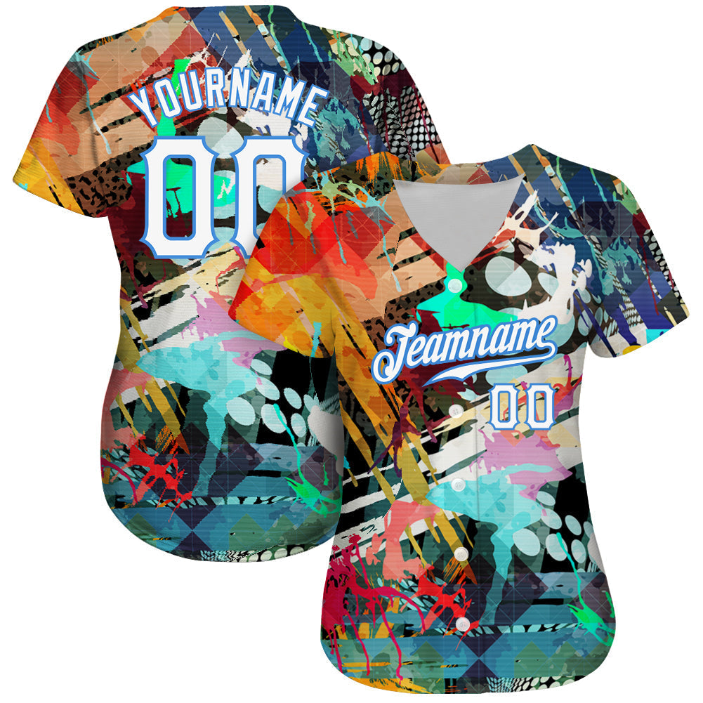 Custom Graffiti Colored Abstract Pattern White-Light Blue 3D Authentic Baseball Jersey baseball jersey product view 2