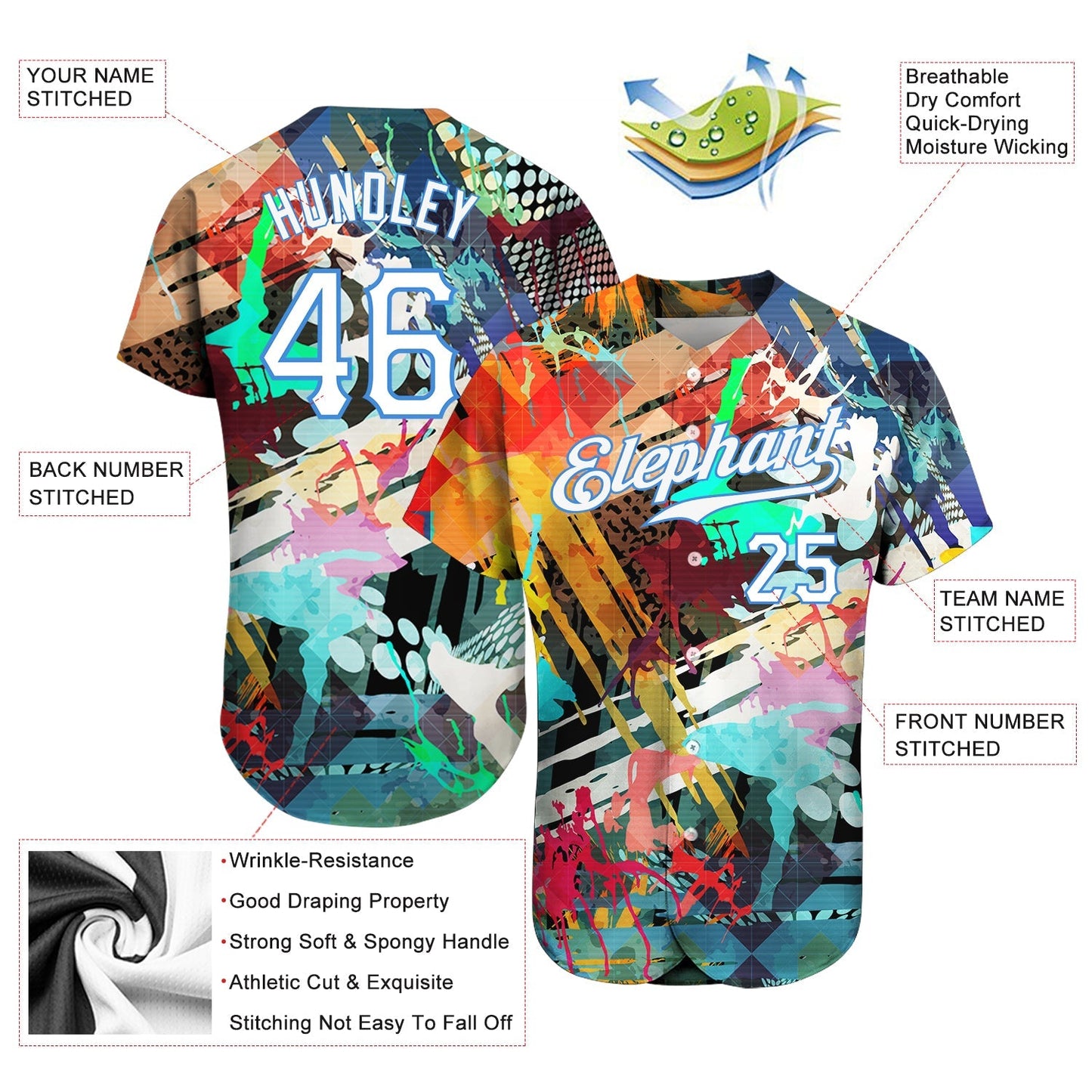 Custom Graffiti Colored Abstract Pattern White-Light Blue 3D Authentic Baseball Jersey baseball jersey product view 3