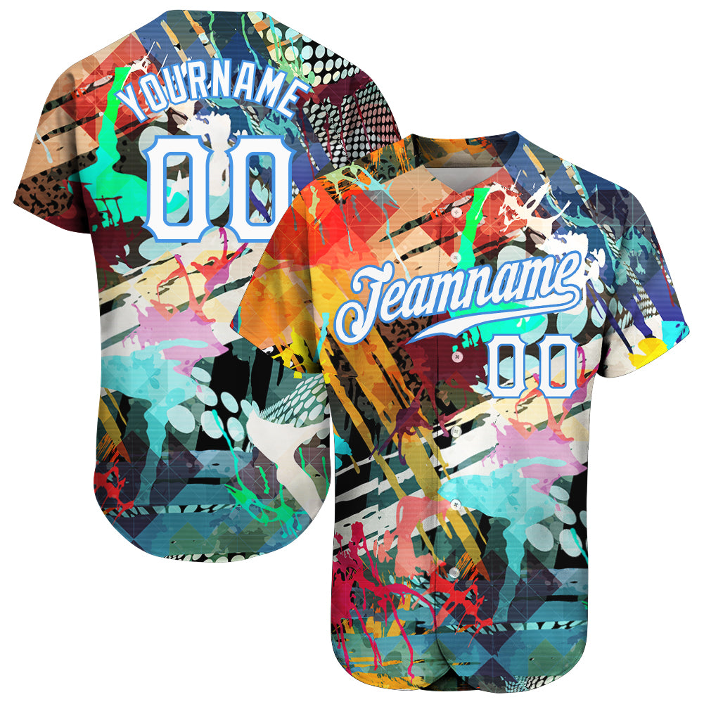 Custom Graffiti Colored Abstract Pattern White-Light Blue 3D Authentic Baseball Jersey baseball jersey product view 1