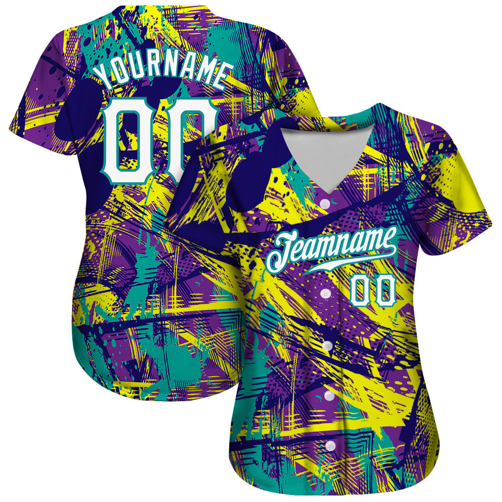 Custom Graffiti Abstract Urban Pattern White-Teal 3D Authentic Baseball Jersey baseball jersey product view 2