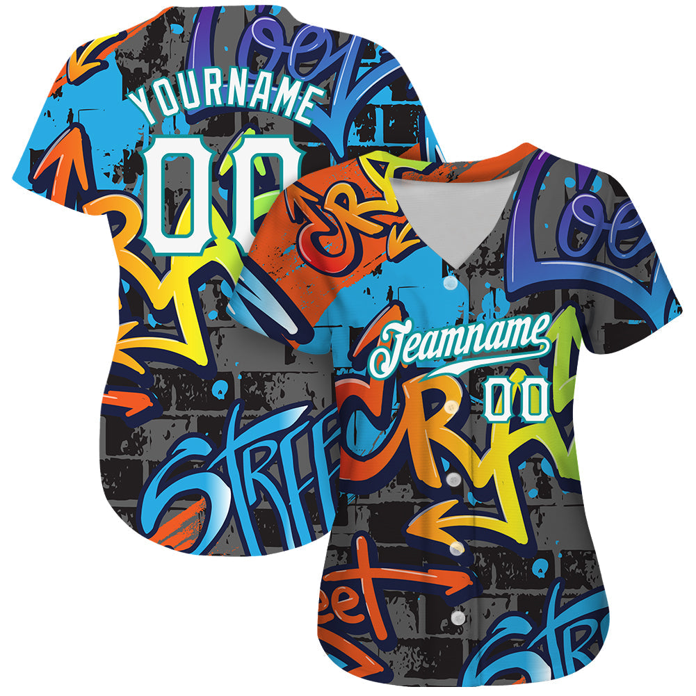 Custom Graffiti Geometric Pattern White-Teal 3D Authentic Baseball Jersey baseball jersey product view 2