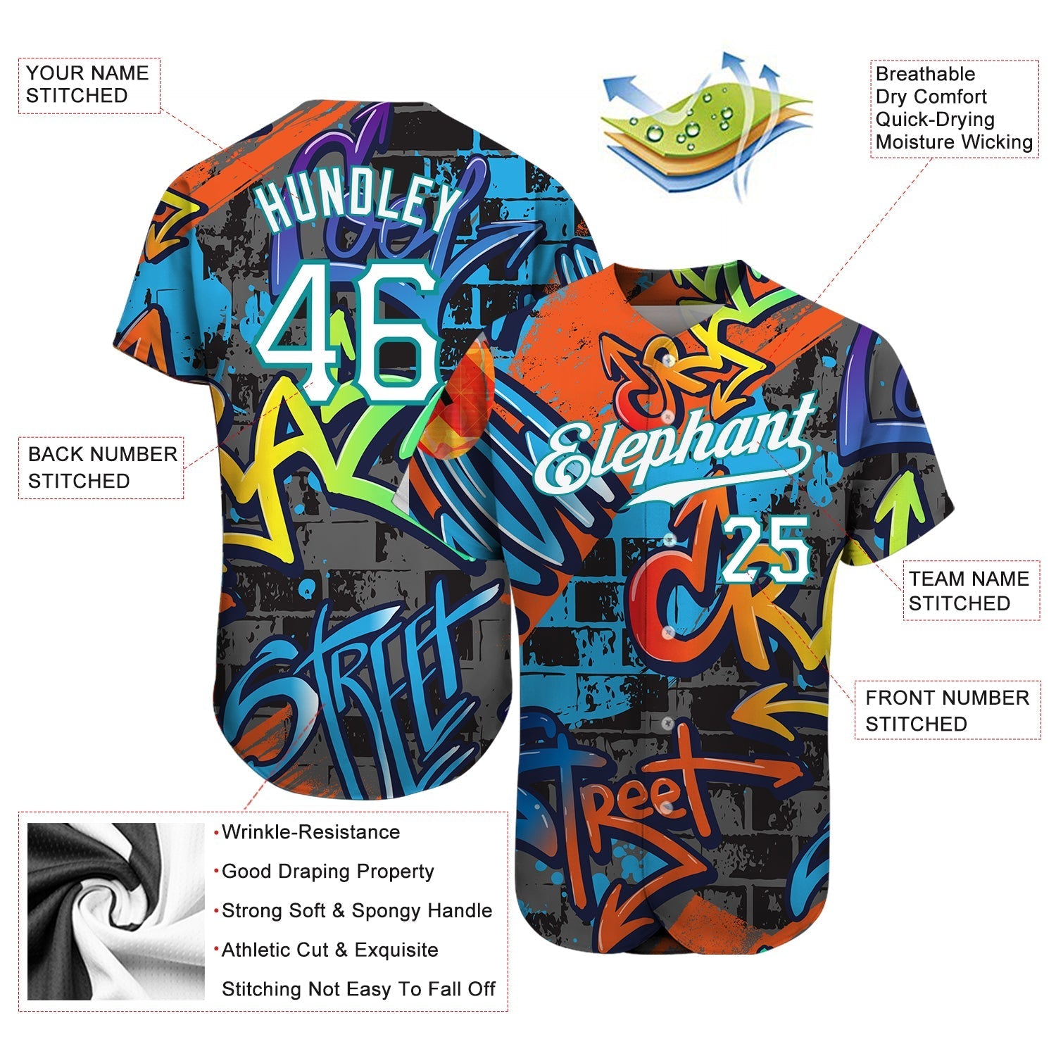 Custom Graffiti Geometric Pattern White-Teal 3D Authentic Baseball Jersey baseball jersey product view 3