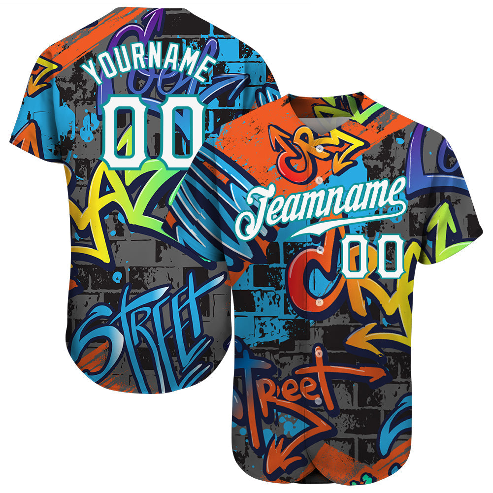 Custom Graffiti Geometric Pattern White-Teal 3D Authentic Baseball Jersey baseball jersey product view 1