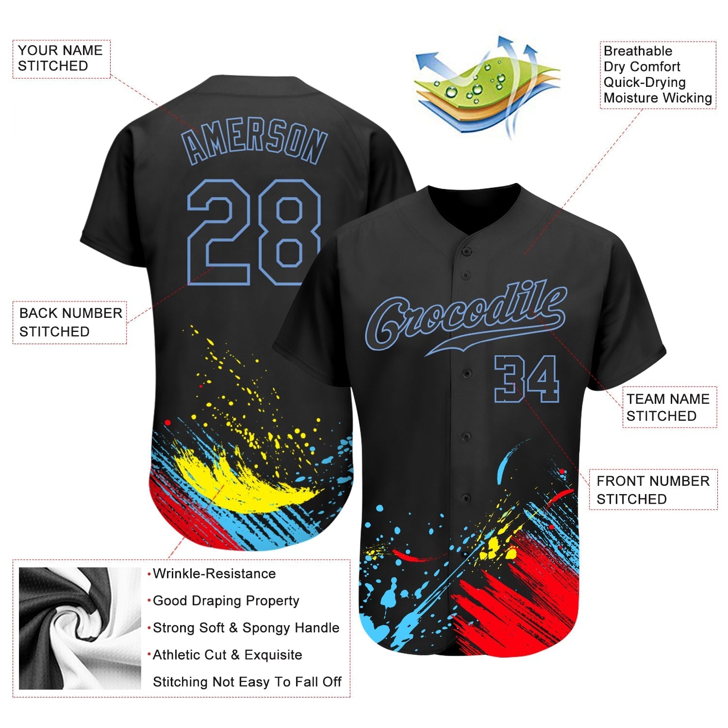 Custom Graffiti Pattern Black-Light Blue 3D Authentic Baseball Jersey baseball jersey product view 4