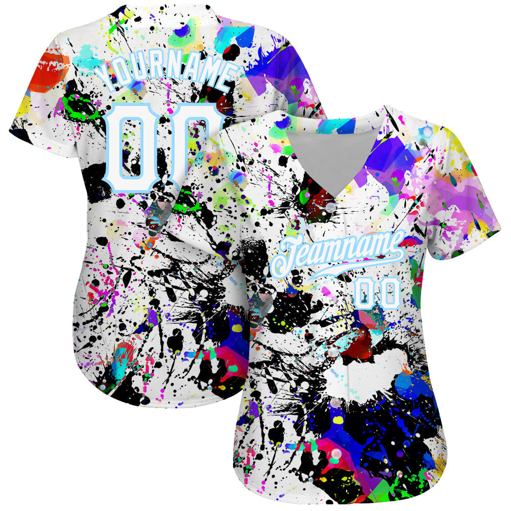 Custom Splashes Graffiti Pattern White-Light Blue 3D Authentic Baseball Jersey baseball jersey product view 2