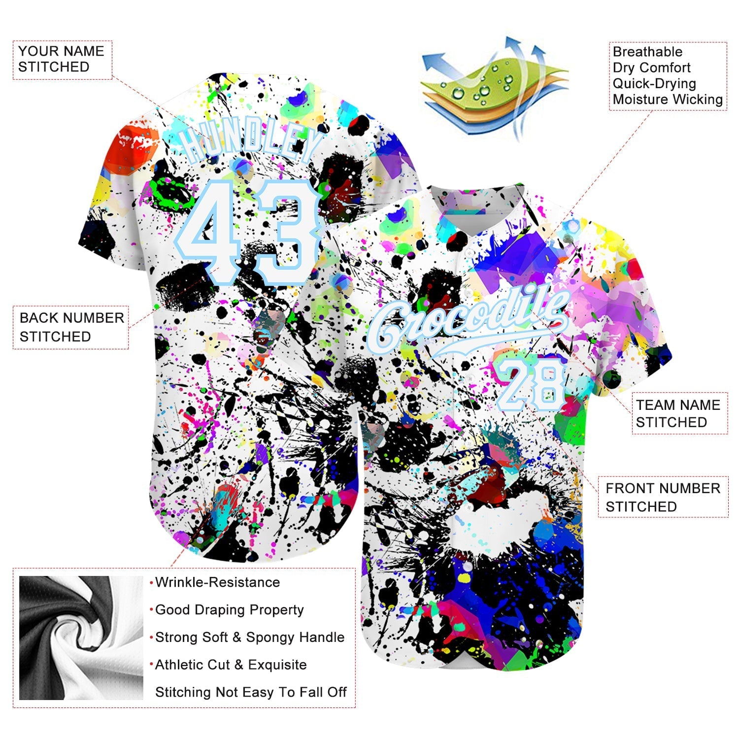 Custom Splashes Graffiti Pattern White-Light Blue 3D Authentic Baseball Jersey baseball jersey product view 3